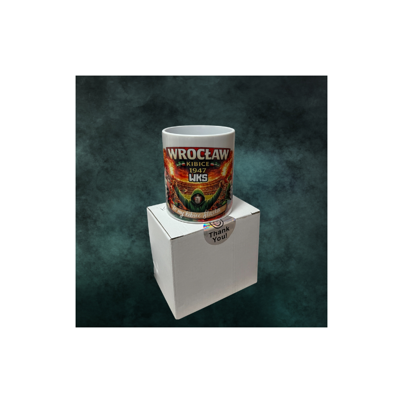 Kubek z napisem „To my kibice Śląska” w barwach kibicowskich